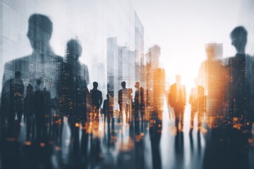 Double exposure of business people silhouettes and city skyscrapers at night