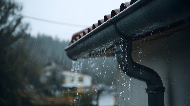 Intense rainfall causes water to stream from a building's gutter and downspout system