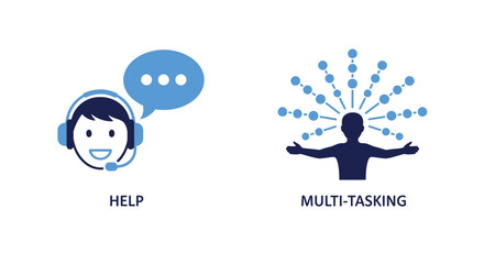 Vector illustration of customer service and multitasking concept help desk operator with headset and speech bubble person with multiple tasks and responsibilities