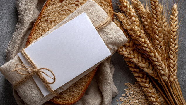 Rustic still life with blank card artisan bread and golden wheat stalks on textured surface