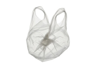 Crinkled translucent plastic carrier bag on a bright white background, highlighting environmental impact of single-use items