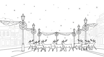 Reindeer parade down a festive street decorated with wreaths and holiday lights