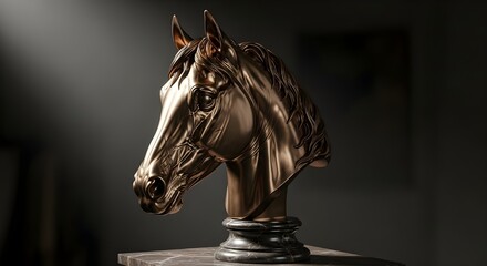 Bronze horse head sculpture with intricate details and a dark background