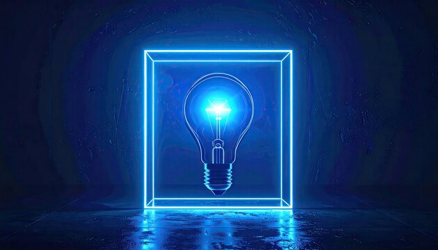 Glowing light bulb inside a futuristic neon blue cube representing innovation and bright ideas.