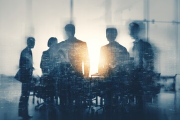Silhouettes of business people overlaid with a glowing city skyline.
