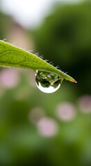 Water droplet clinging to the edge of a vibrant green leaf in nature