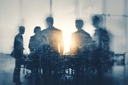 Silhouettes of business people overlaid with a glowing city skyline.
