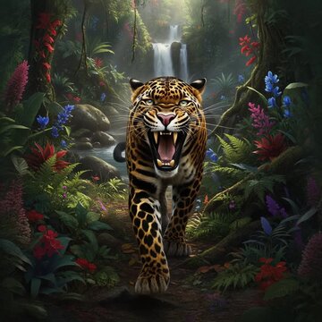 ein schwarzer Panther mit goldenen Flecken l&auml;uft durch den Dschungel mit exotischen Blumen und einem Wasserfall und br&uuml;llt