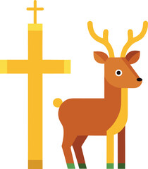 Reindeer beside cross with glowing light