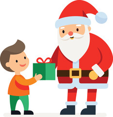 Flat Colorful Vector Illustration of Santa Claus Giving Christmas Gift to Happy Child, White Background
