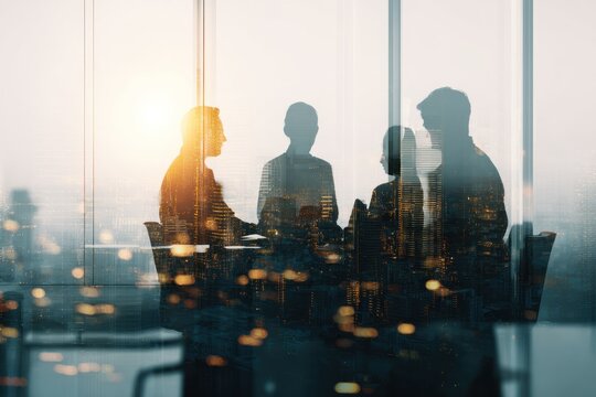 Silhouettes of people meeting overlaid with bright city lights. - Powered by Adobe