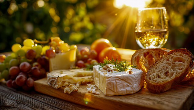 Gourmet cheese board with grapes bread and wine enjoyed outdoors during golden hour