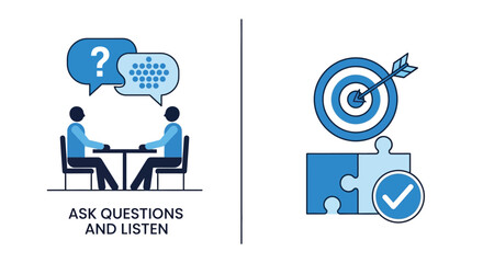 Vector illustration of illustration depicting asking questions and listening, alongside achieving goals with puzzle piece and target