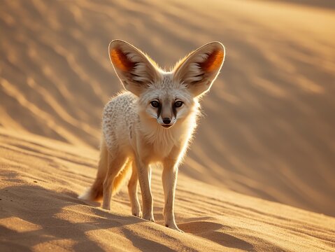 Stunning fennec fox portrait basking in golden desert sunlight with its unique large ears, a captivating symbol of resilience and adaptability in nature