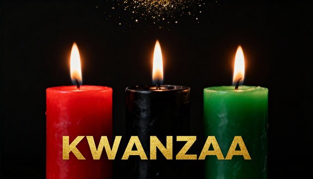 Lit Kwanzaa candles in red, black, and green on a dark background. African-American cultural holiday celebration. Festive design with gold text and glitter - Powered by Adobe