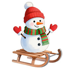 Christmas watercolor snowman with red hat and scarf sitting on wooden sled, isolated on transparent or white background.