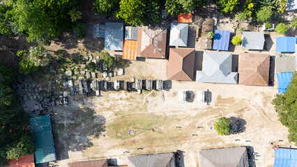 Megalithic graves made of large stones in Umabara Pau village,east sumba, seen from the air