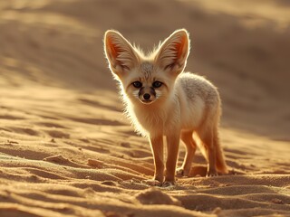 Obraz premium Adorable fennec fox standing alert in the warm desert sun, a captivating glimpse of wildlife in its natural habitat, perfect for nature documentaries and educational content