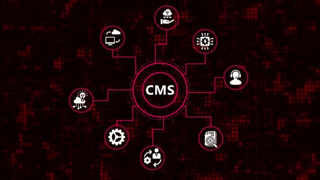 The cms system concept with icons of content management system, digital marketing, and web development on a dark blue background with a digital pattern