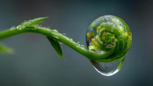 Macro shot of a green plant tendril curling into a spiral with a dew drop at the tip.