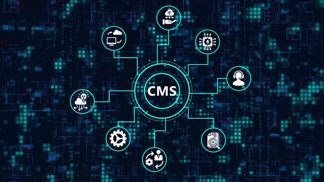 The cms system concept with icons of content management system, digital marketing, and web development on a dark blue background with a digital pattern