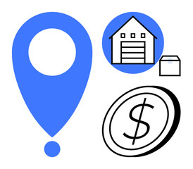 Delivery pin alongside a warehouse, package, and dollar coin representing logistics, shipping, finance, and e-commerce. Ideal for retail, supply chain, delivery warehouse management business