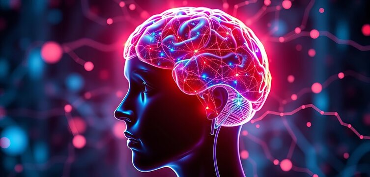 Futuristic brain interface, glowing neural network,   learning,   future