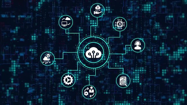 Cloud computing and data security concept, showcasing data center, cloud network, server, firewall, and encryption technology for secure information management