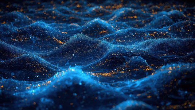Abstract blue wave background with glowing particles creating a mesmerizing visual effect