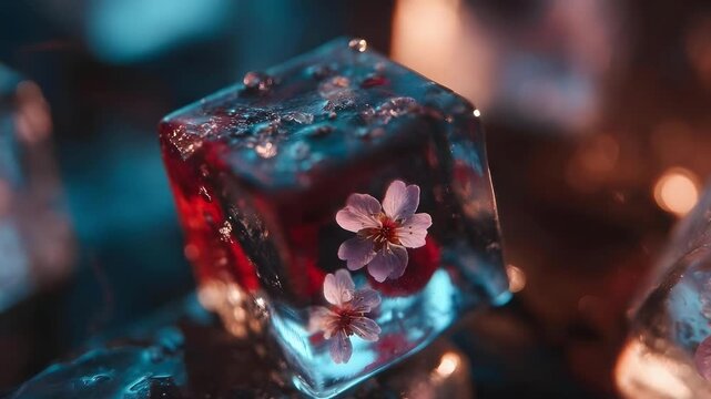 A close-up of an ice cube with tiny pink flowers frozen inside.
