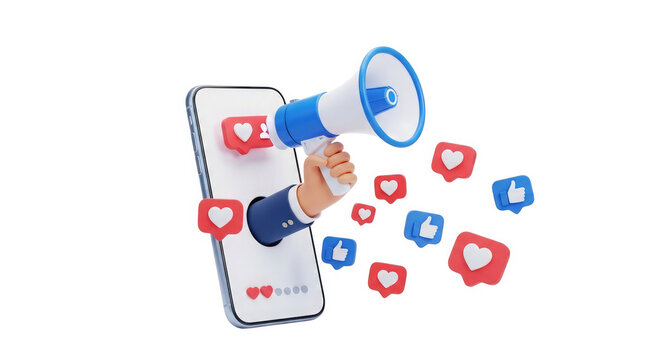 Hand holding megaphone coming out of smartphone isolated on transparent background