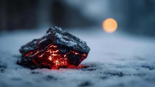 Glowing ember on snow, a bright orange glow with sparks in a cold winter scene.