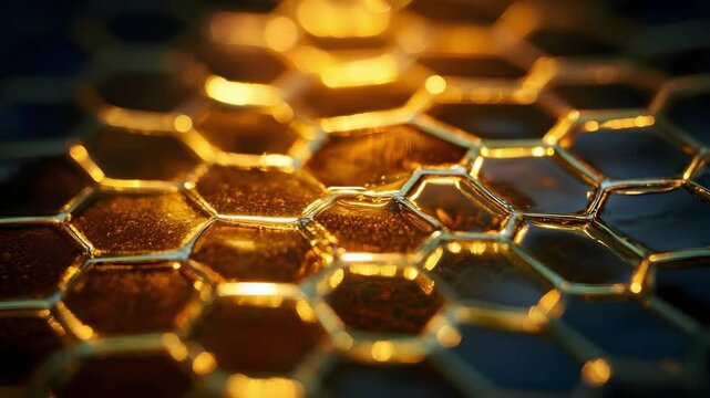 Close-up of a golden honeycomb pattern made of hexagonal cells.