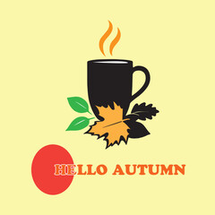 Black coffee cup with orange steam and autumn leaves on pale yellow background with red circle and text 1