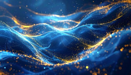 Abstract, dynamic waves of blue and gold particles