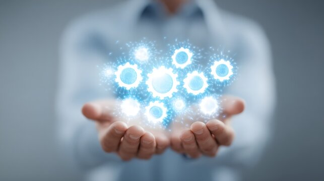 Illuminated digital gears float above open hands presenting a concept of technology or mechanism