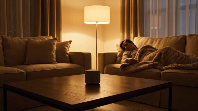 Cozy Evening Nap: A person peacefully resting on a sofa under a warm lamp light, creating a scene of relaxation and tranquility in a comfortable home setting.