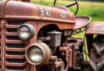 Fototapeta premium Rusty vintage farm tractor, weathered paint, detail shot, farm, agricultural