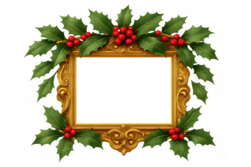 Ornate gold christmas frame decorating with holly leaves and red berries on a transparent background