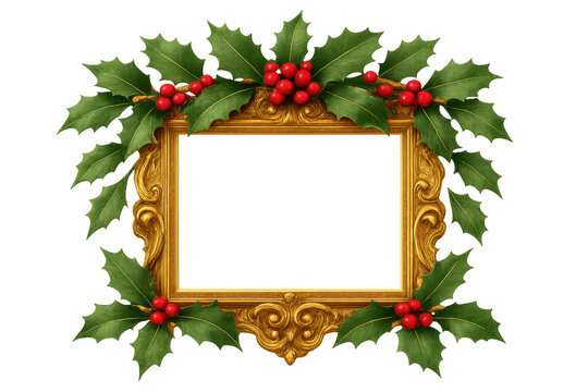 Ornate gold christmas frame decorating with holly leaves and red berries on a transparent background
