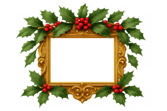 Ornate gold christmas frame decorating with holly leaves and red berries on a transparent background