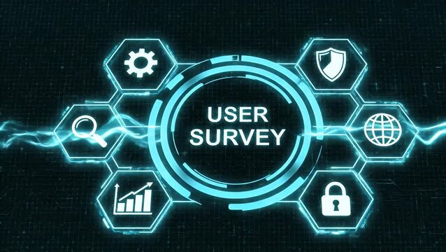Futuristic digital interface showing the user survey concept with icons for feedback and analysis