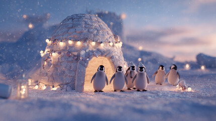 Cute Penguins in Winter Hats Gather Outside a Lit Igloo in Snowy Landscape at Dusk, Festive and Cozy Scene. Image made using Generative AI.