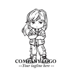 Black and White Chibi Girl Standing in Jacket, Pants, and Boots. Simple Bold Vector Illustration
