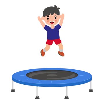 animated boy happily jumping on a blue trampoline