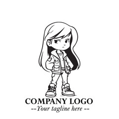 Black and White Chibi Girl Standing in Jacket, Pants, and Boots. Simple Bold Vector Illustration
