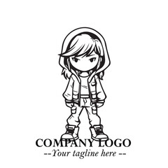 Black and White Chibi Girl Standing in Jacket, Pants, and Boots. Simple Bold Vector Illustration
