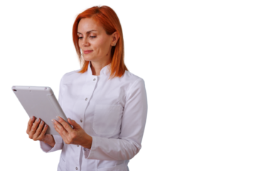 Doctor or nurse woman using digital tablet, researching medical information, working in healthcare technology