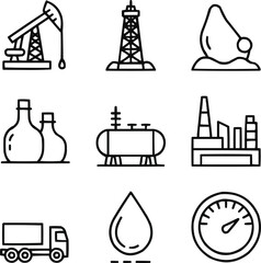 Petroleum Extraction Line Icon Collection Onshore Drilling, Pipelines, and Refinery Production