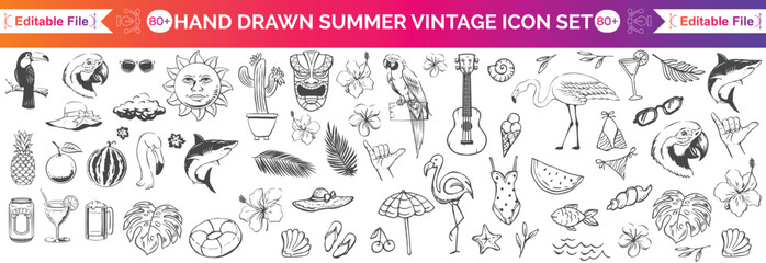 Hand-drawn beach-themed vector set with summer doodles like waves, palm trees, shells, crabs, sunglasses, and surfboards. Perfect for vacation designs, t-shirt prints, and tropical projects.